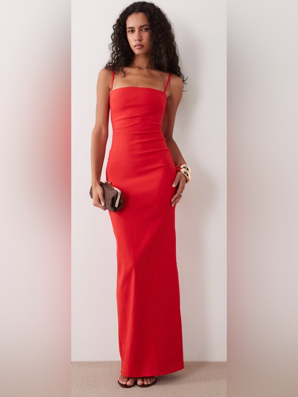 Vesper bengaline thin strap square neck maxi dress in red